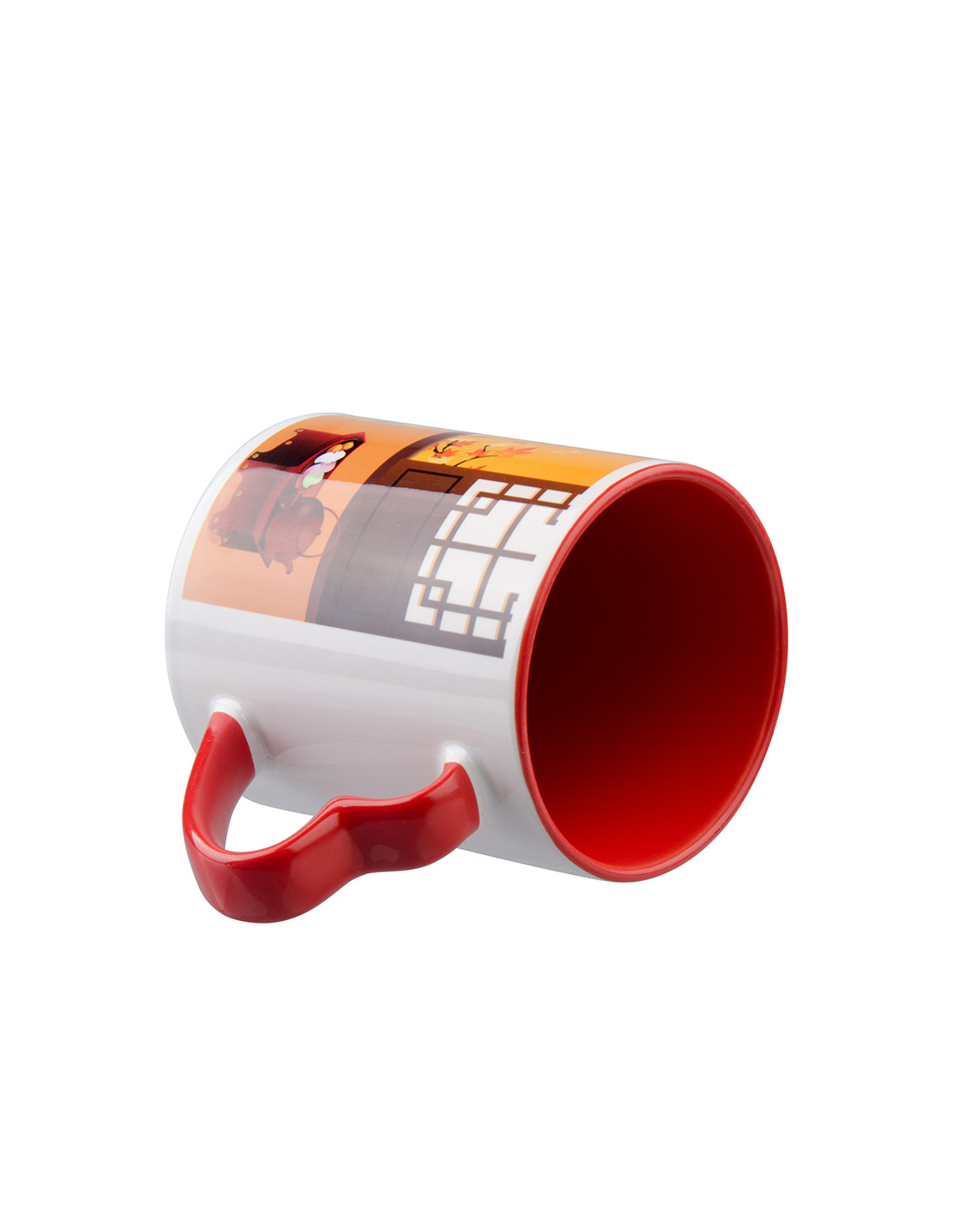 Tasse de couleur intérieure/poignée de 11 oz avec poignée en forme de cœur-rouge