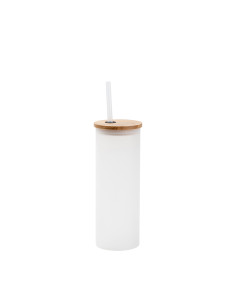 17oz/500ml Glass Skinny Tumbler w/Straw & Bamboo Lid w/Straw & Bamboo Lid(Frosted)