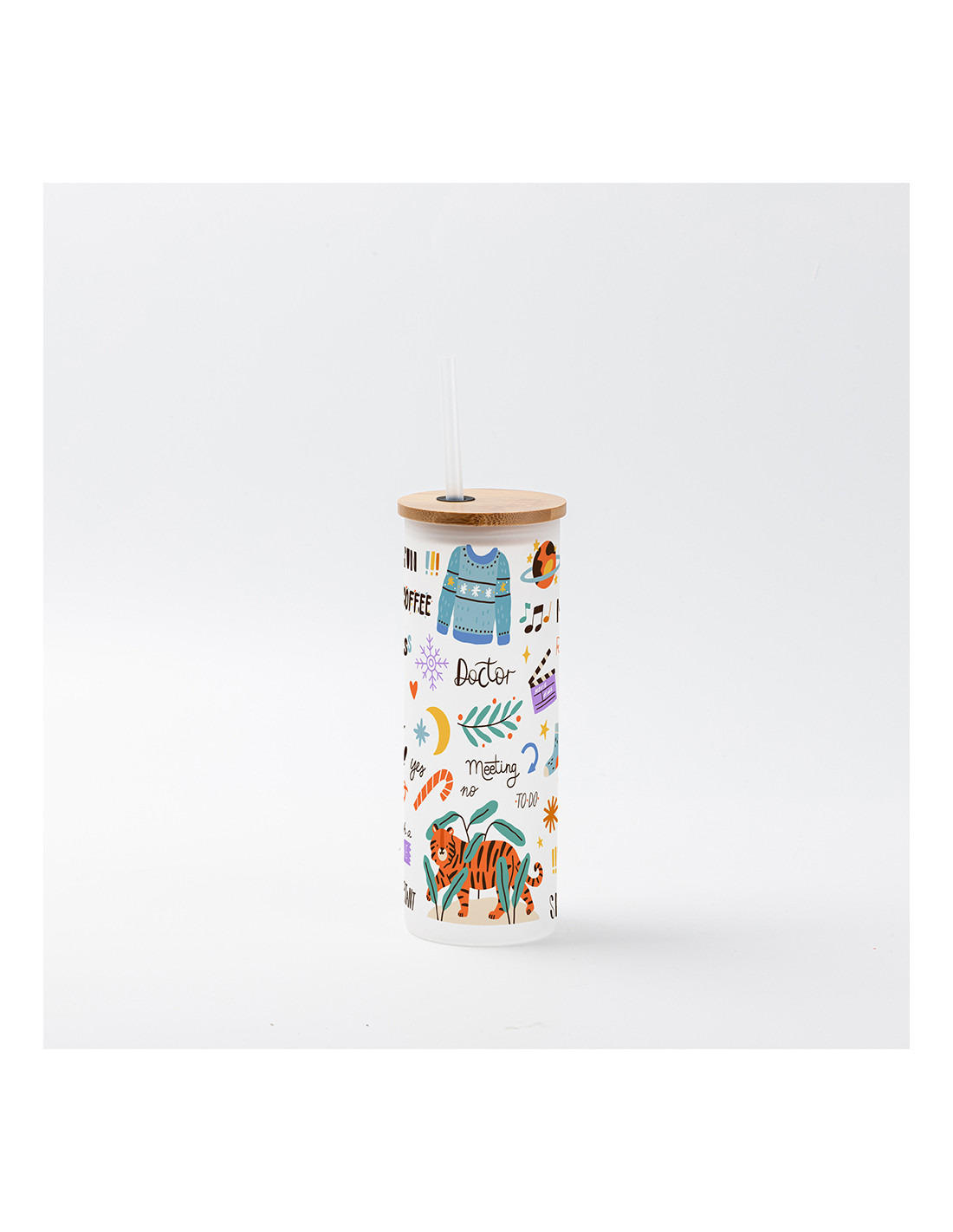 Gobelet fin en verre de 17 oz/500 ml avec couvercle en paille et en bambou (givré)