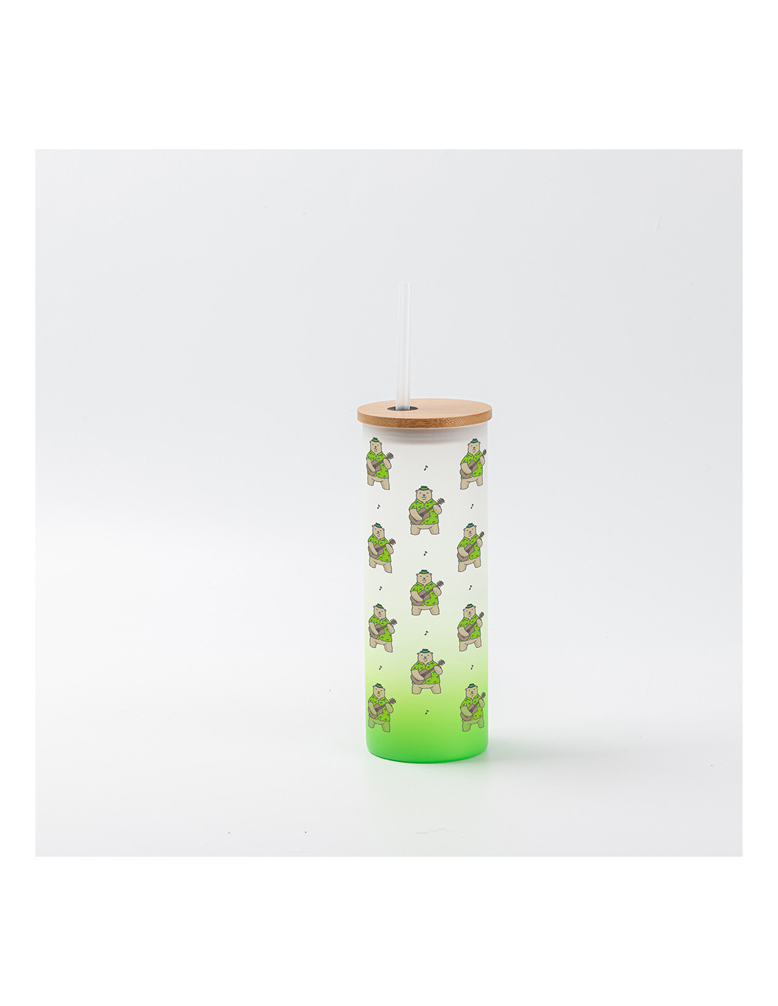 Gobelet fin en verre de 17 oz/500 ml avec couvercle en paille et en bambou (givré, vert dégradé)