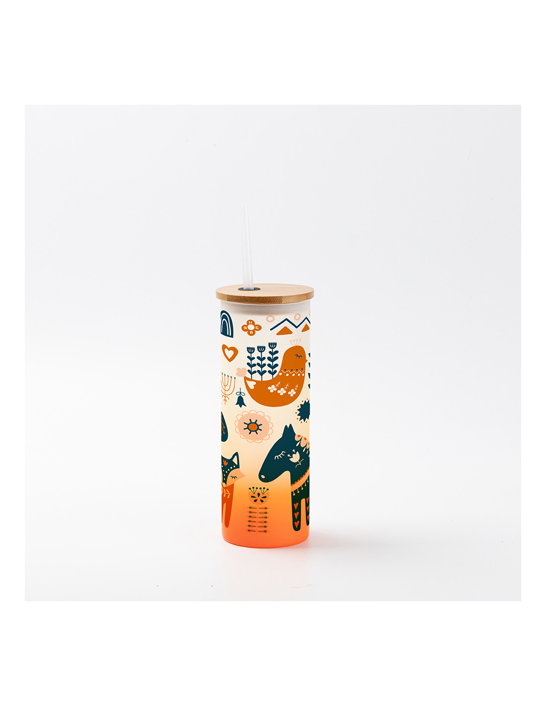 Gobelet fin en verre de 17 oz/500 ml avec couvercle en paille et en bambou (givré, orange dégradé)