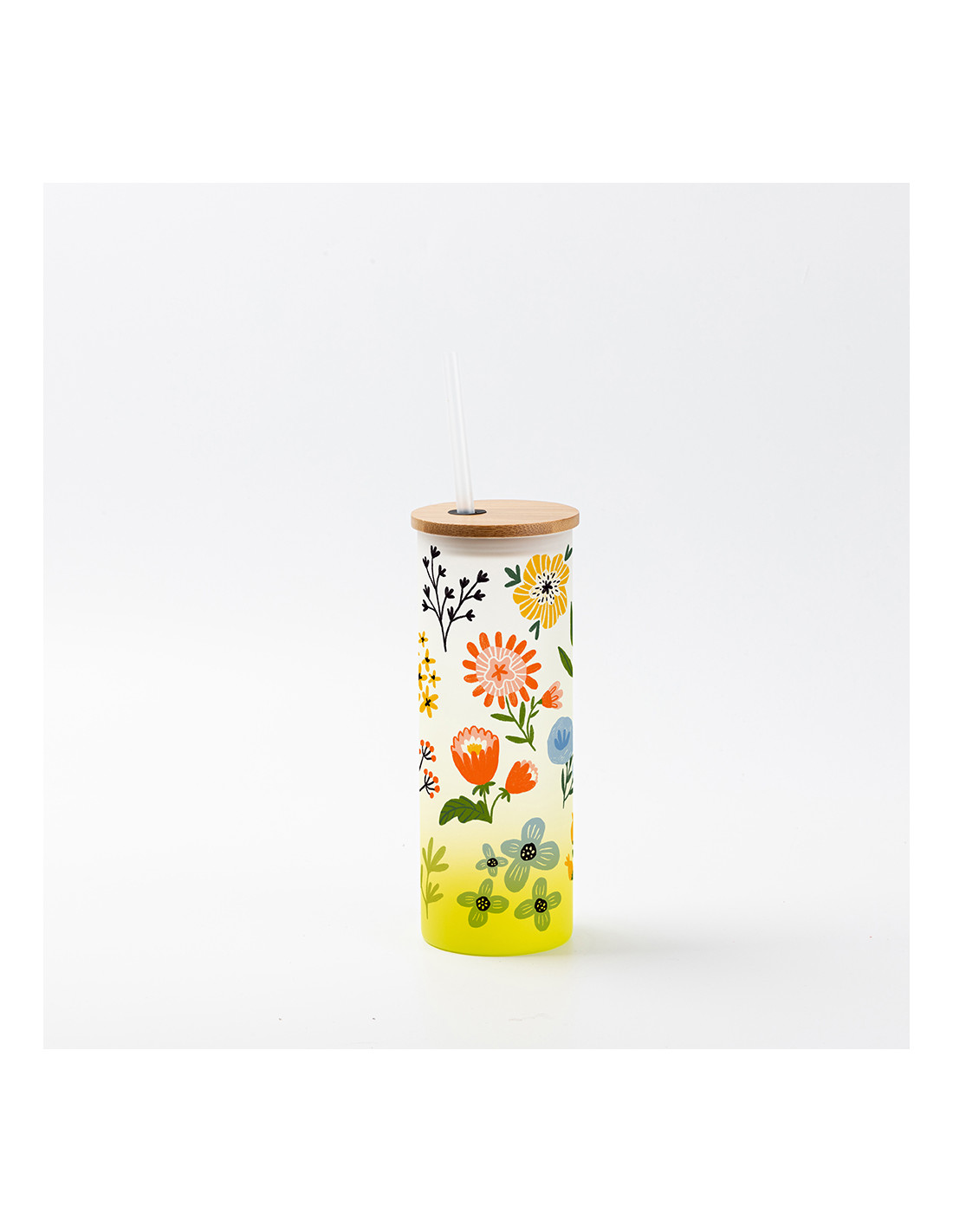 Gobelet fin en verre de 17 oz/500 ml avec couvercle en paille et en bambou (givré, dégradé jaune citron)
