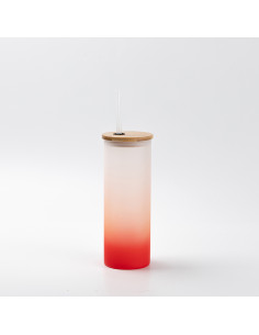 17oz/500ml Glass Skinny Tumbler w/Straw & Bamboo Lid(Frosted, Gradient Red)