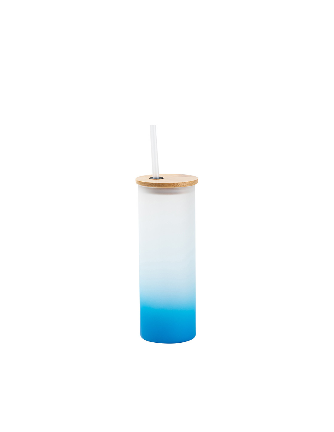Gobelet fin en verre de 17 oz/500 ml avec couvercle en paille et en bambou (givré, dégradé bleu clair)
