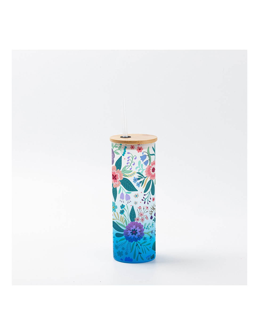Gobelet fin en verre de 17 oz/500 ml avec couvercle en paille et en bambou (givré, dégradé bleu clair)