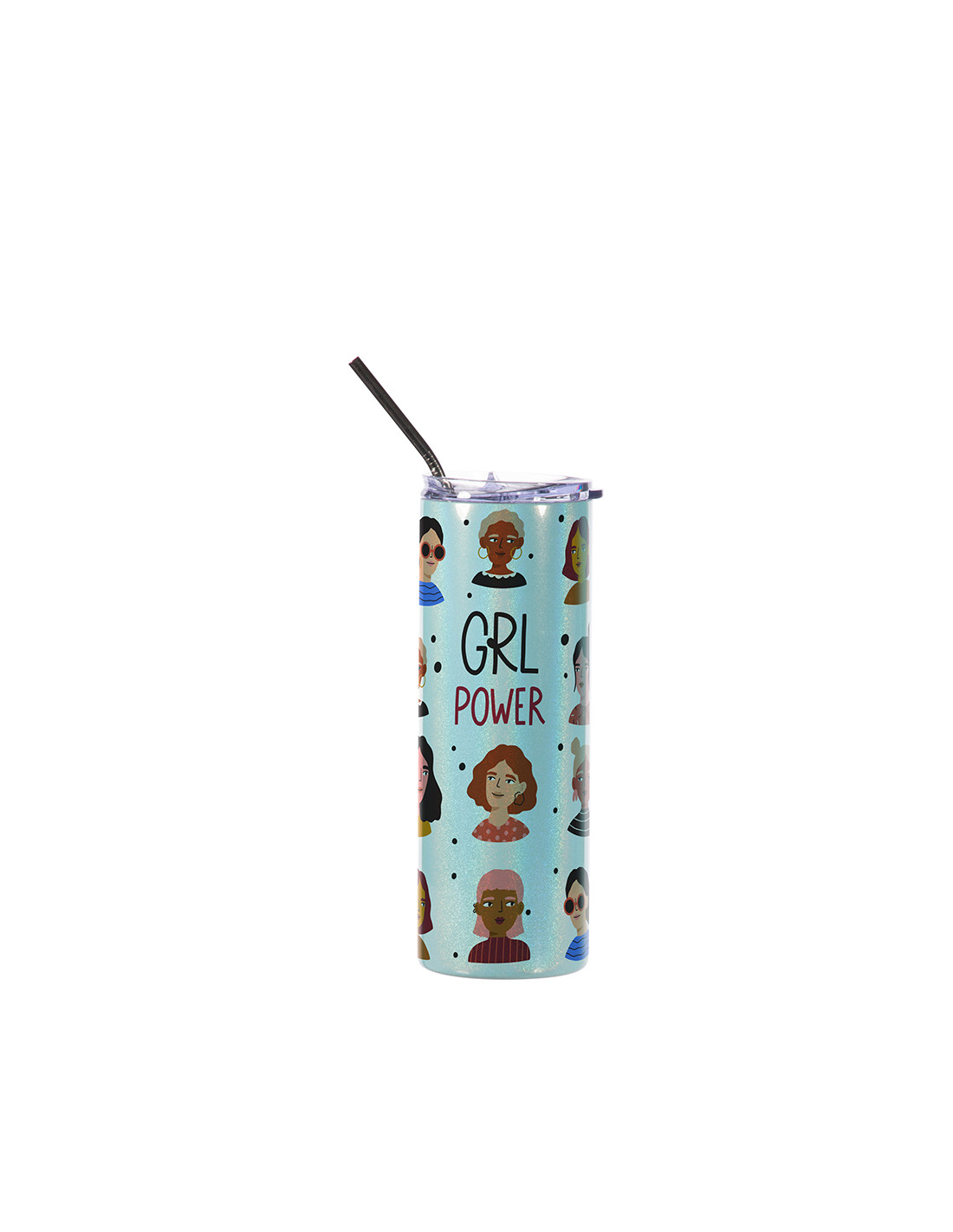 Gobelet fin en acier inoxydable scintillant à paillettes de 20 oz/600 ml avec paille (bleu clair)