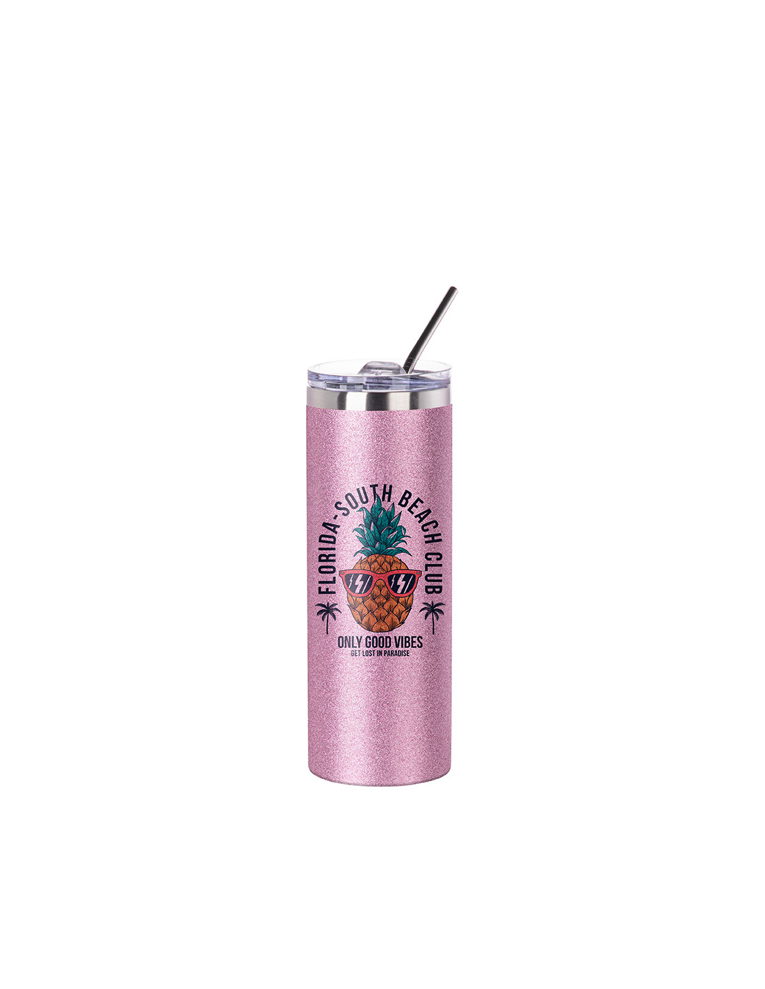 Gobelet Skinny T en acier inoxydable pailleté de 20 oz/600 ml avec paille et couvercle (rose)