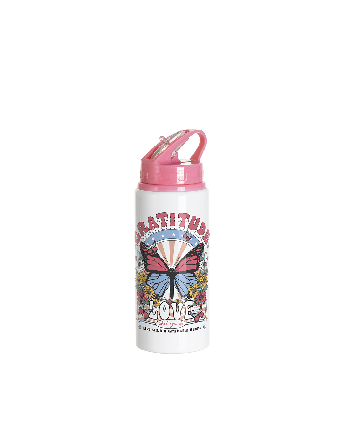 Bouteille en aluminium blanc de 20 oz/600 ml avec couvercle en paille rose
