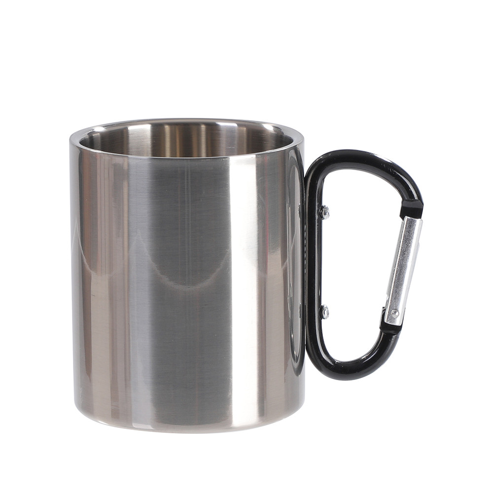 Tasse en acier inoxydable de 300 ml avec poignée mousqueton noire (argent)