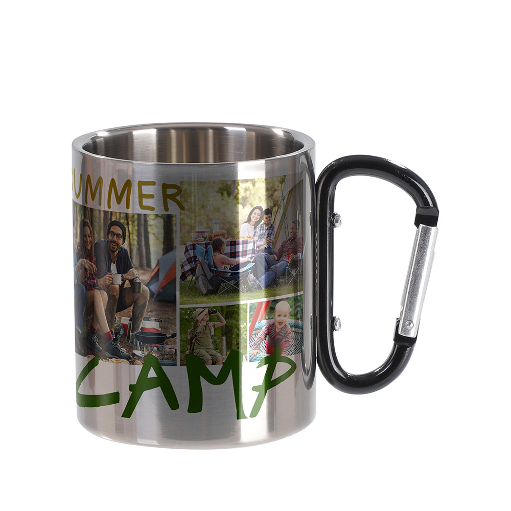 Tasse en acier inoxydable de 300 ml avec poignée mousqueton noire (argent)