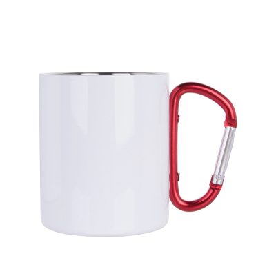 Tasse en acier inoxydable de 300 ml avec poignée mousqueton rouge (blanc)