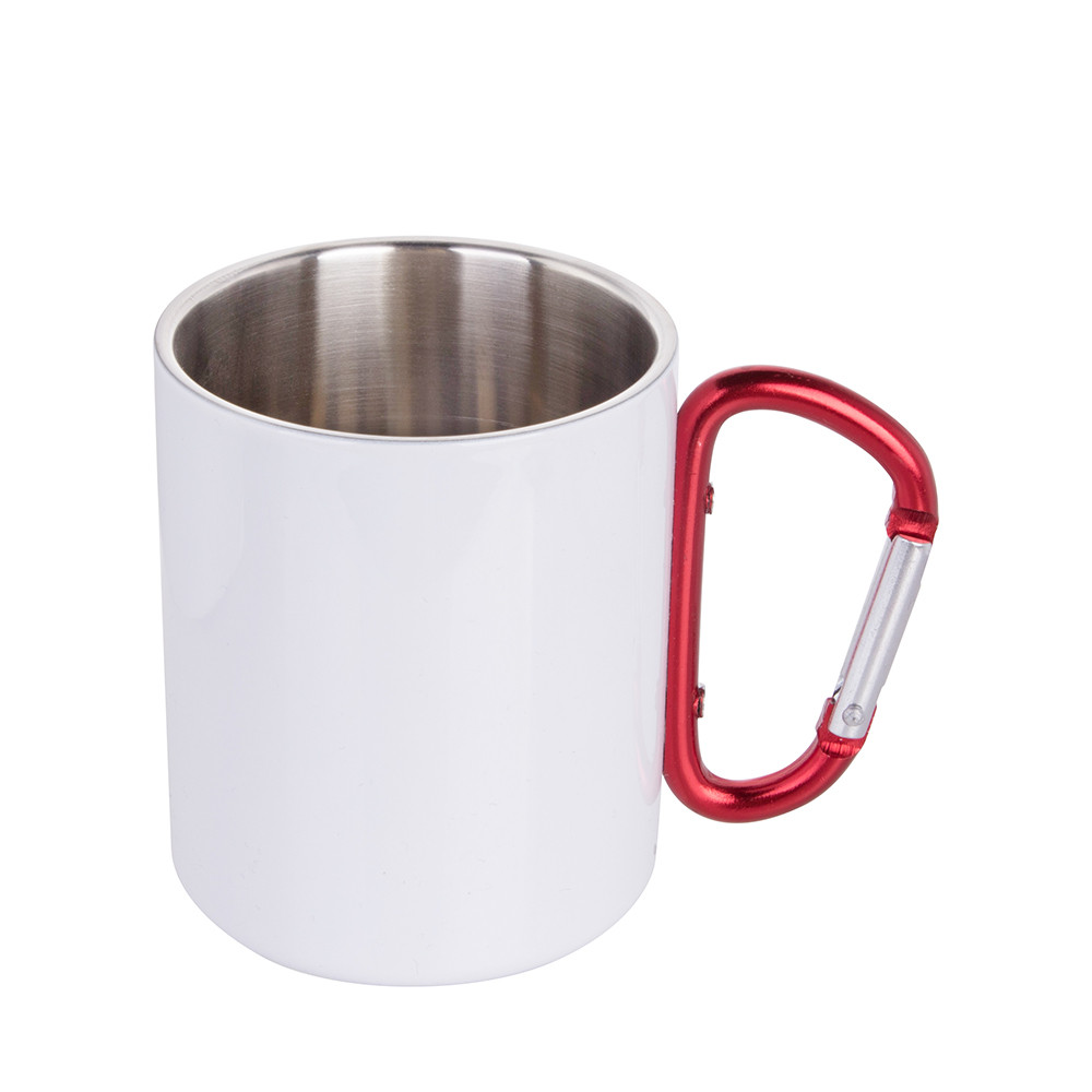 Tasse en acier inoxydable de 300 ml avec poignée mousqueton rouge (blanc)