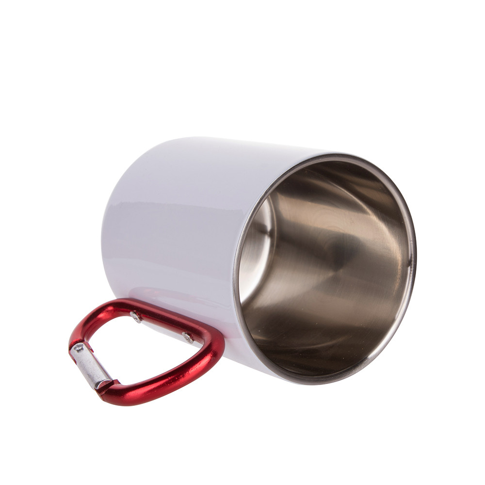 Tasse en acier inoxydable de 300 ml avec poignée mousqueton rouge (blanc)