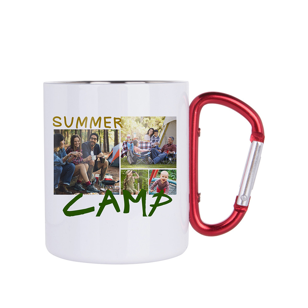 Tasse en acier inoxydable de 300 ml avec poignée mousqueton rouge (blanc)