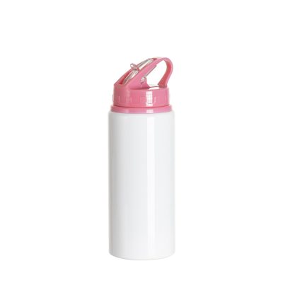 Bouteille en aluminium blanc de 20 oz/600 ml avec couvercle en paille rose