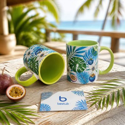 Mug 11oz blanc JS Coating 330 ml avec contour et anse vert clair Sublimation Transfert Thermique