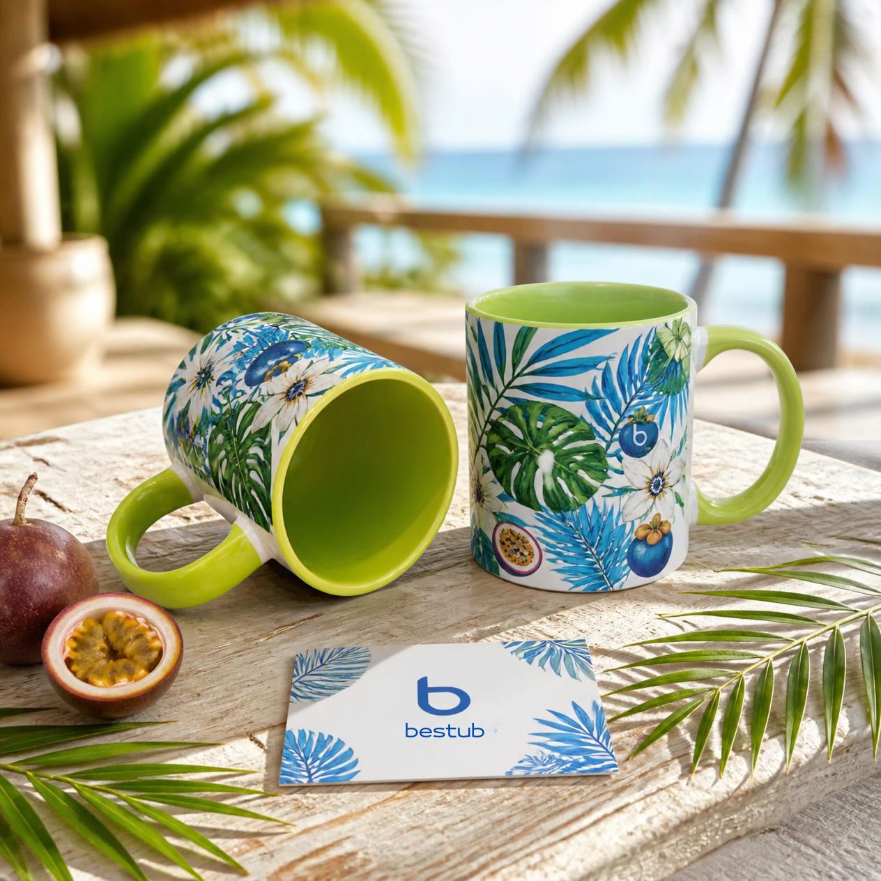 White 11 oz JS Coating 330 ml mug with light green rim and handle, Sublimation Heat Transfer