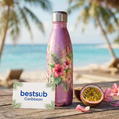 Botella de acero inoxidable con purpurina en forma de cola de 17 oz/500 ml (rosa)
