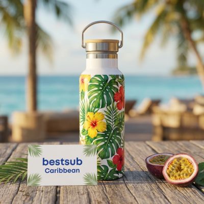 Botella portátil de acero inoxidable de 500 ml/17 oz con tapa de bambú (blanca)