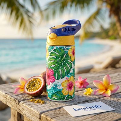 12 oz/360 ml kids' stainless steel bottle with silicone straw and blue cap (white)