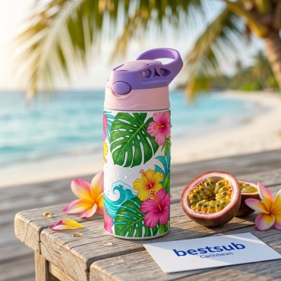 12 oz/360 ml kids' stainless steel bottle with silicone straw and purple cap (white)