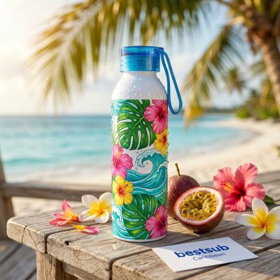 Botella deportiva portátil de aluminio delgada de 22 oz/650 ml con tapón azul (blanca)