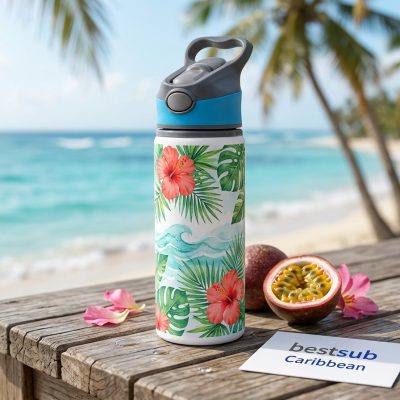 Botella de agua de aluminio de 20 OZ/650 ml con tapón azul (blanca)