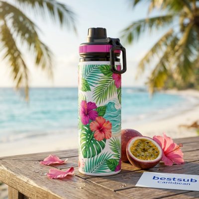 Botella de agua de aluminio de 25 OZ/850 ml con tapón rosa rojo (blanca)