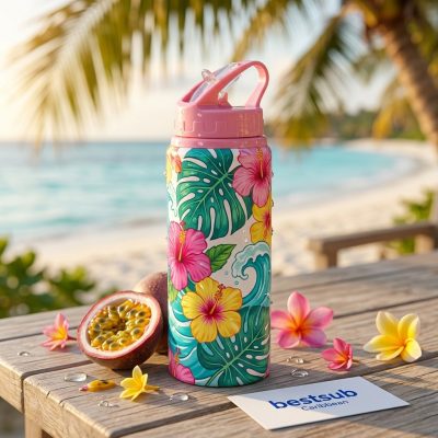 20 oz/600 ml white aluminium bottle with pink straw lid